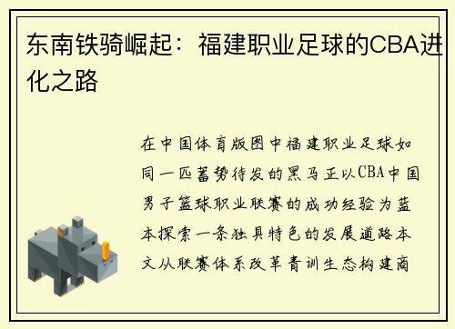 东南铁骑崛起：福建职业足球的CBA进化之路
