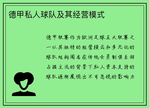 德甲私人球队及其经营模式