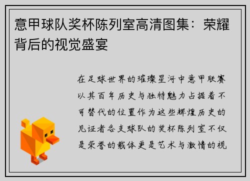 意甲球队奖杯陈列室高清图集：荣耀背后的视觉盛宴